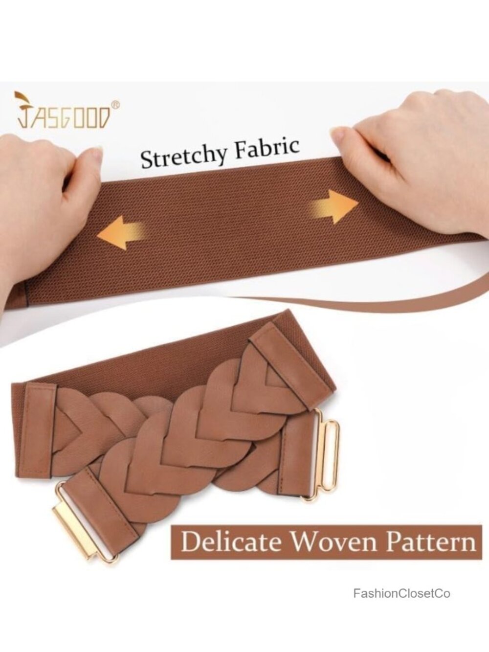 Women's Wide Stretchy Faux Leather Braided Waist Belt with Gold Buckle - Picture 3 of 6